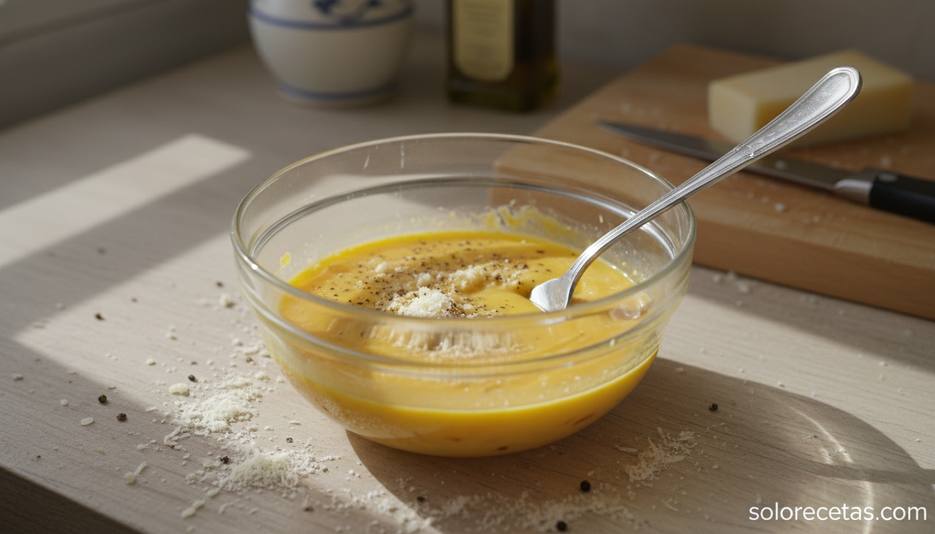 Crema de yemas de huevo con pecorino rallado y pimienta negra para la carbonara
