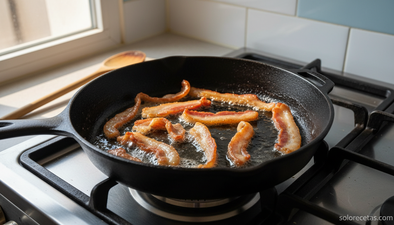 Guanciale dorado y crujiente en la sartén con su propia grasa