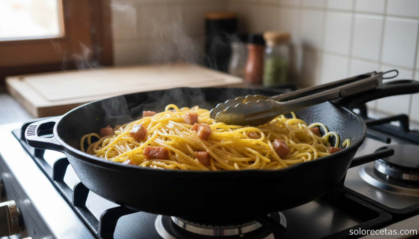 Pasta carbonara siendo mezclada en la sartén con la salsa cremosa de huevo