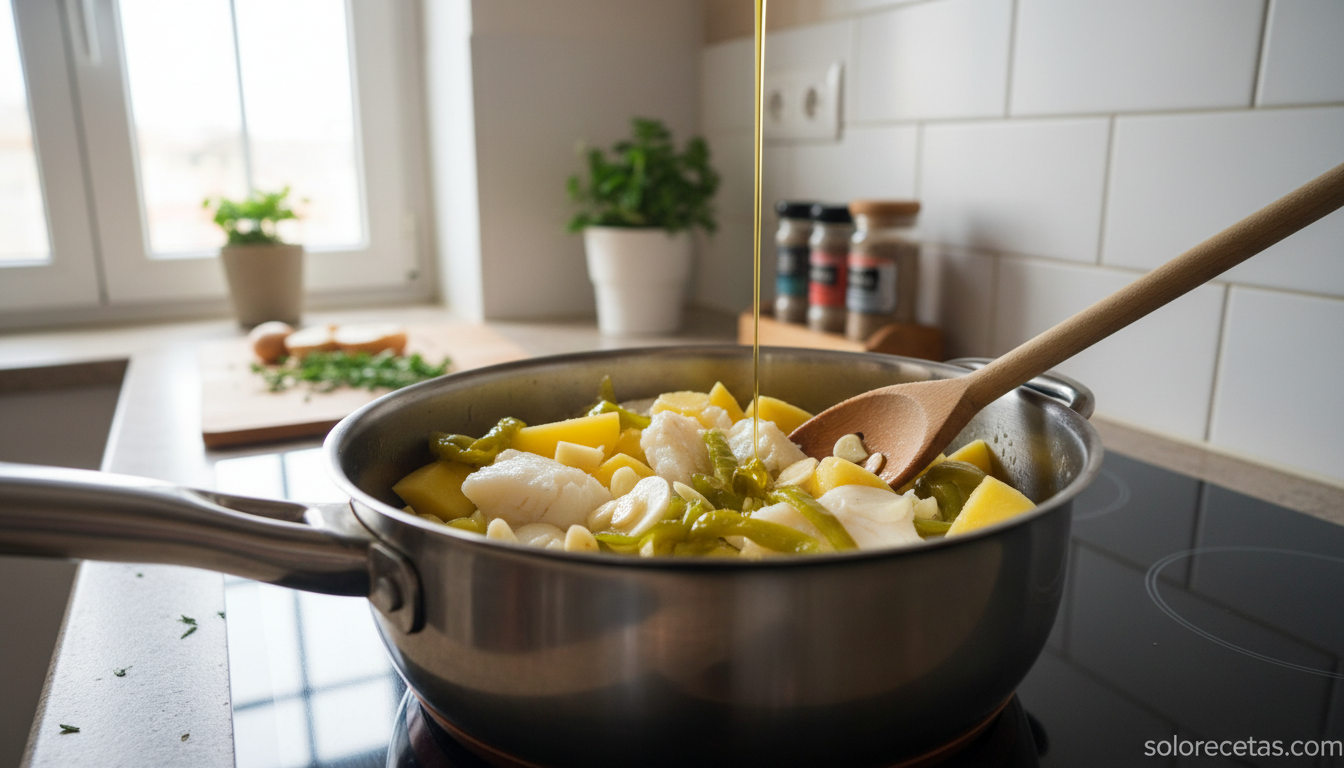 Cazuela con patata bacalao pimientos y ajo rehogandose antes de cocer