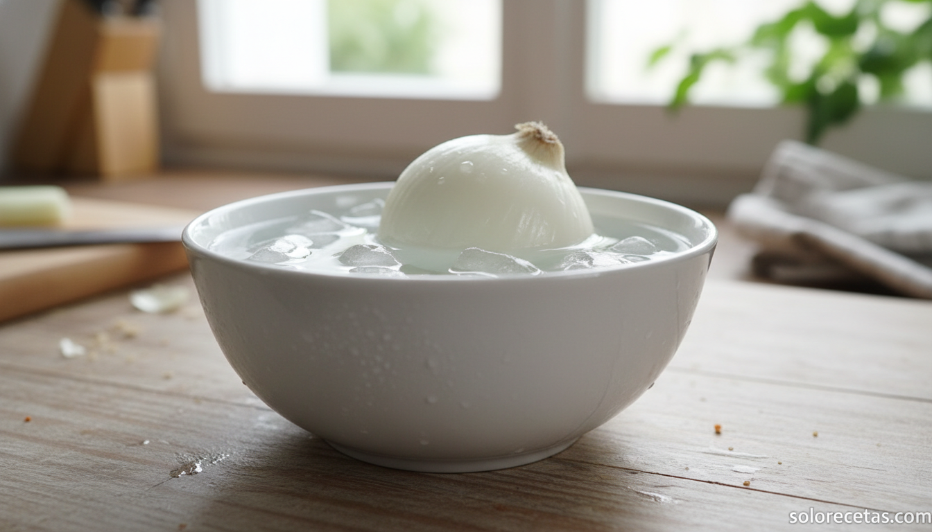 Cebolla pelada sumergida en agua con hielo para no llorar al picarla