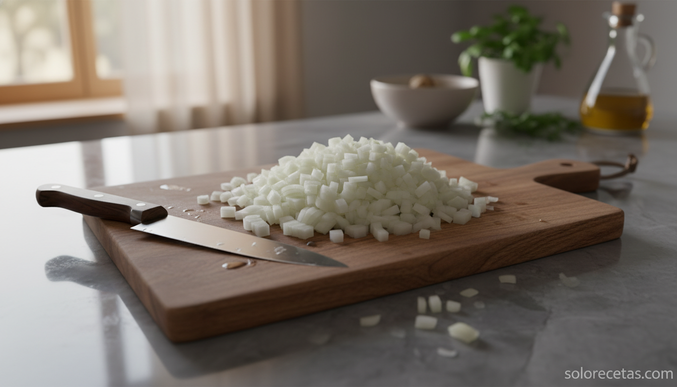 Cebolla fría picada en cubos pequeños sobre tabla de madera sin lágrimas