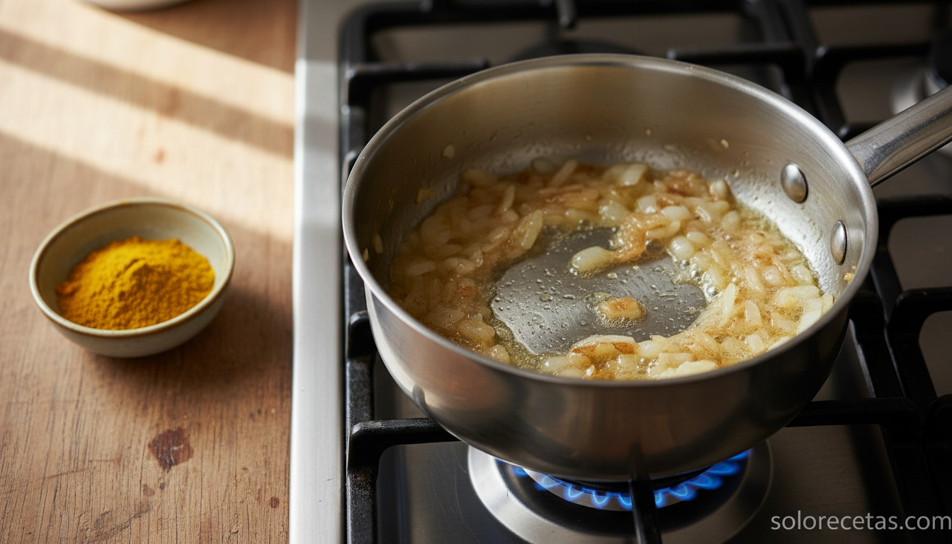 Cebolla pochada en mantequilla con curry en polvo al lado