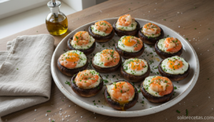Champiñones curiosos con huevo de codorniz servidos en plato blanco