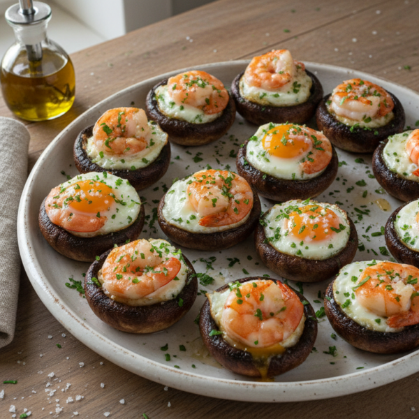 Champiñones curiosos con huevo de codorniz servidos en plato blanco