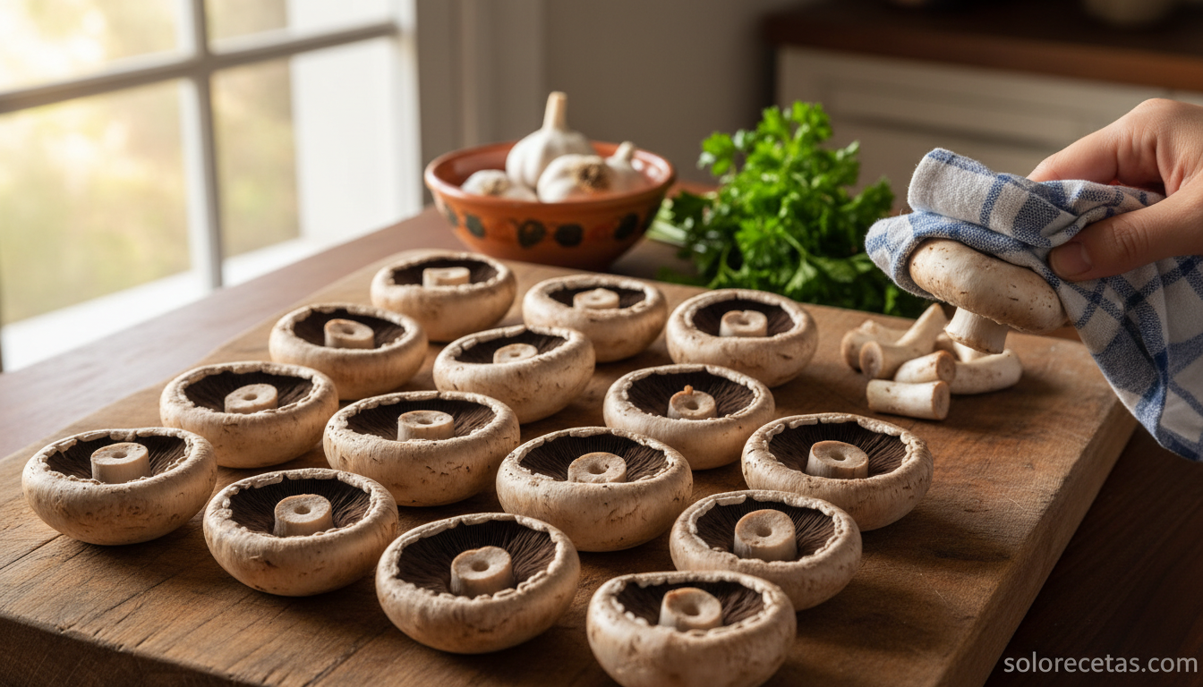 Champiñones Portobello limpios sobre tabla de madera