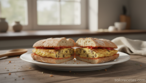 Chapata con setas recién hecha cortada por la mitad sobre plato blanco