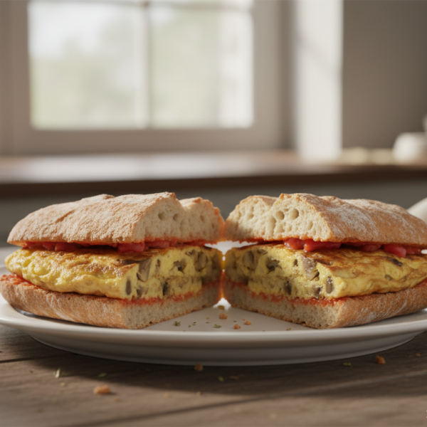 Chapata con setas recién hecha cortada por la mitad sobre plato blanco