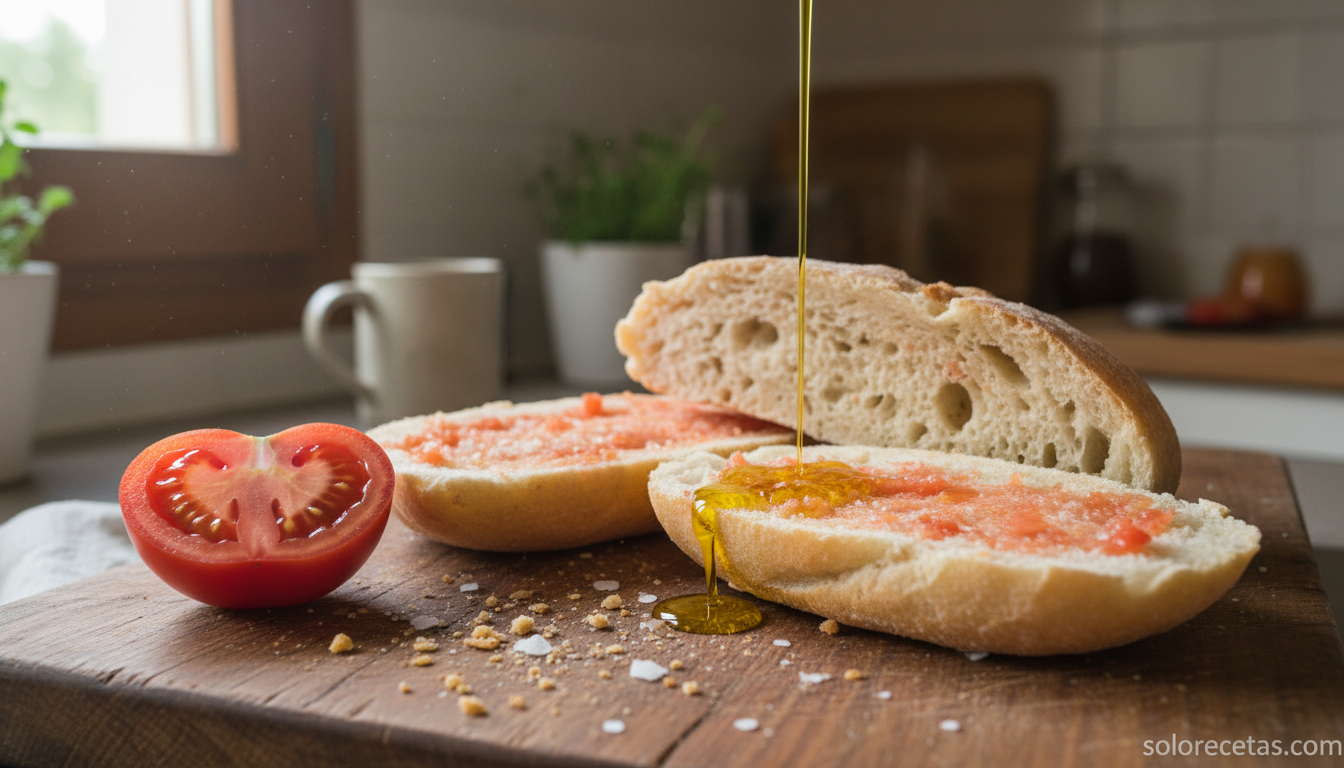 Chapata con setas: receta de bocadillo gourmet para sorprender 3 Pan de chapata abierto con tomate restregado y aceite de oliva