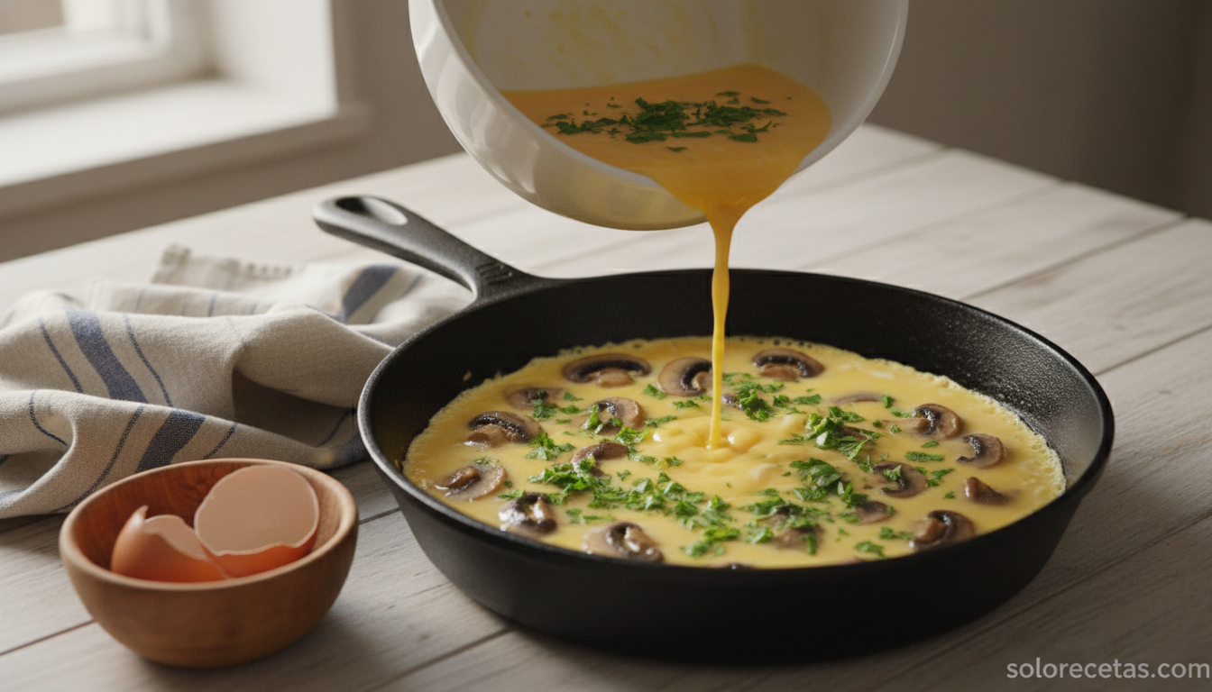 Chapata con setas: receta de bocadillo gourmet para sorprender 2 Huevo batido cuajando sobre setas salteadas en sartén