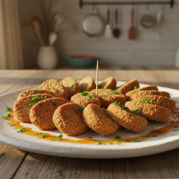 Plato de chorizo empanado dorado y crujiente servido como tapa