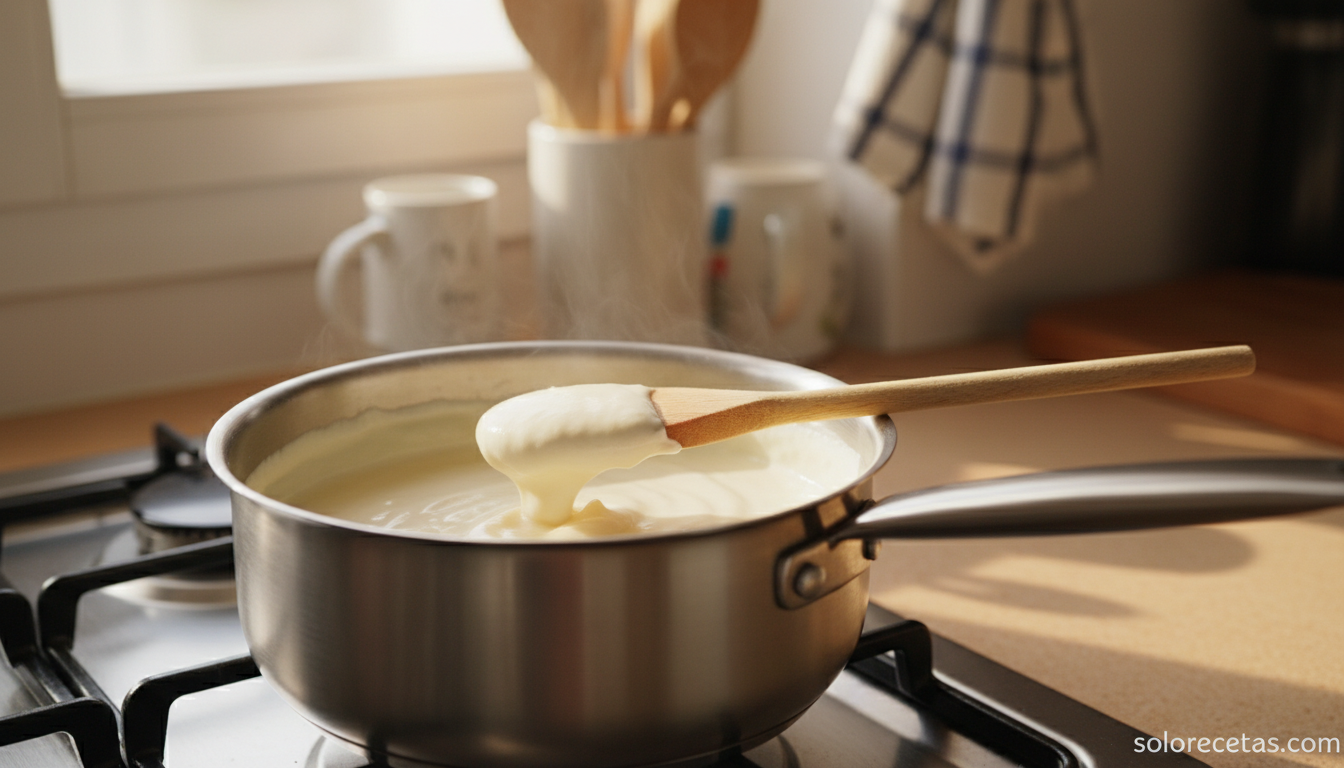 Crema inglesa cociendose a fuego bajo en un cazo