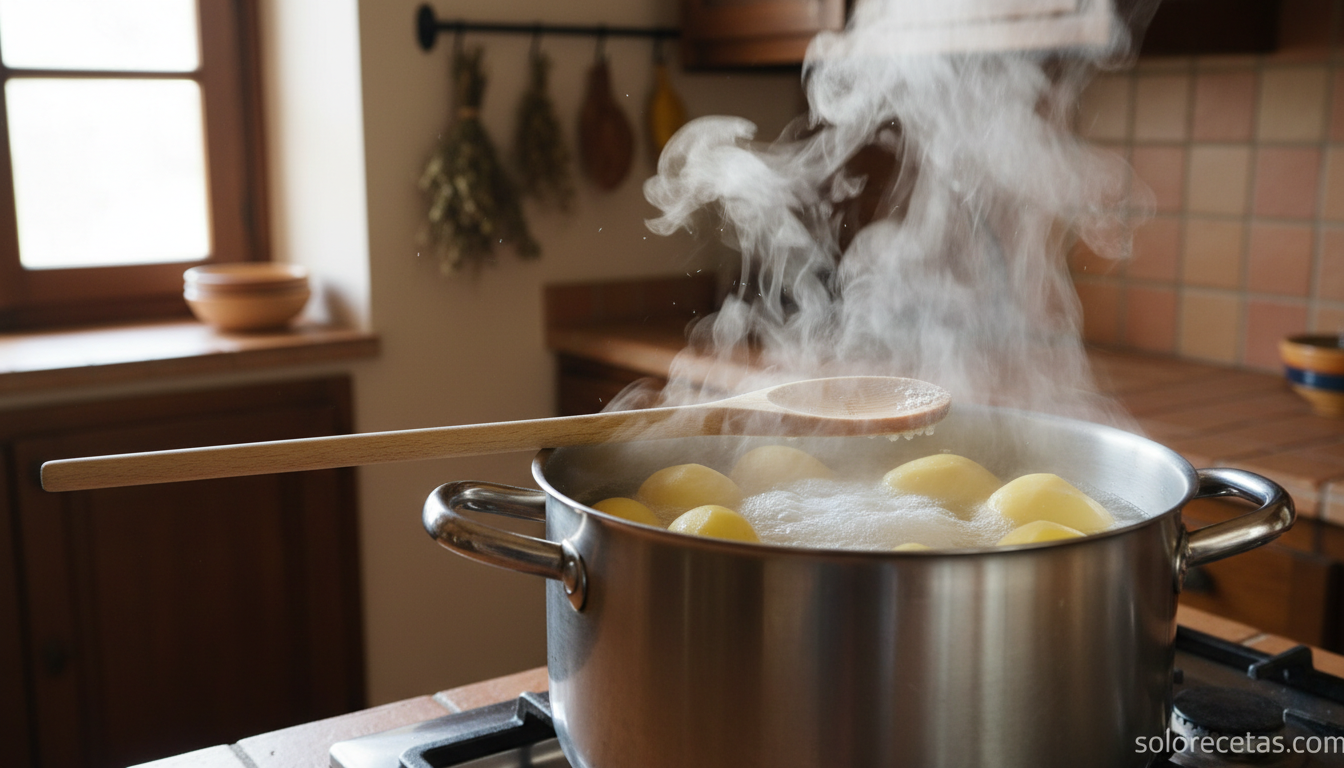 Patatas enteras con piel cociendo en agua con sal para hacer ñoquis
