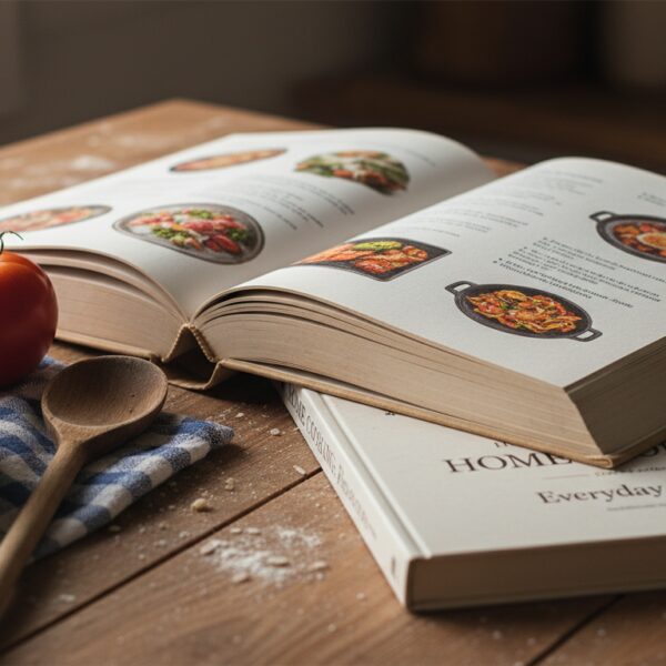 Libro Cocina para novatos de Laura Donada abierto sobre encimera con ingredientes basicos