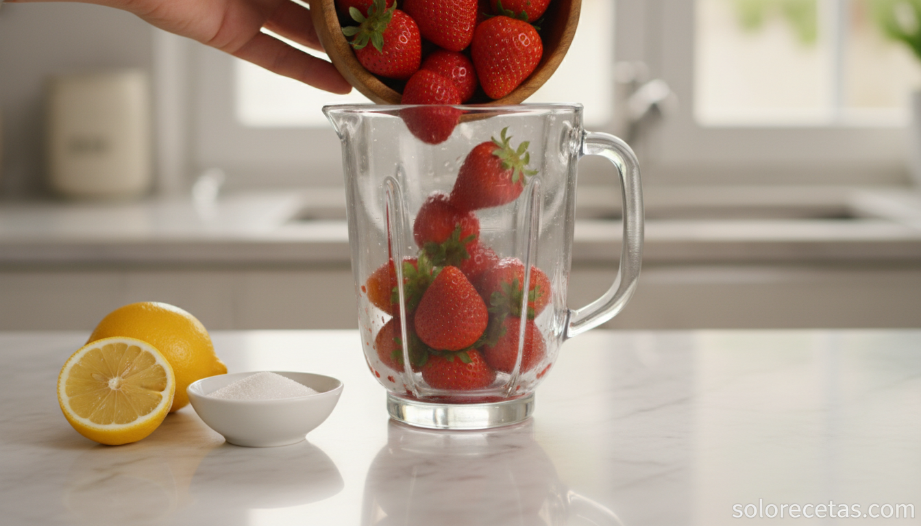Triturando fresas frescas con limón y azúcar para el cocktail de San Valentín