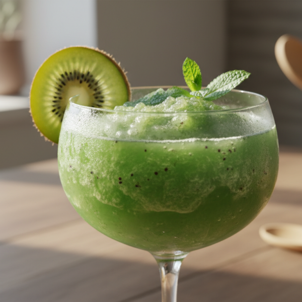 Cóctel de brandy con kiwi en copa de martini con rodaja de kiwi y menta