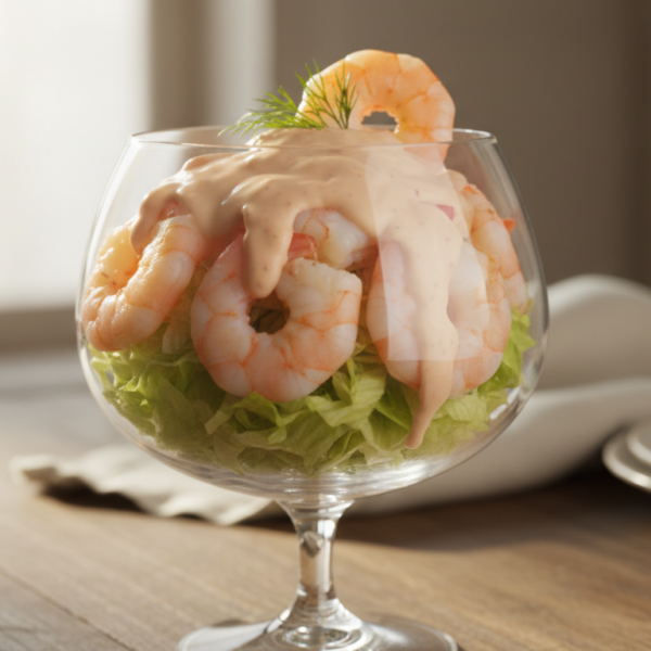 Cóctel de gambas clásico servido en copa con salsa rosa y eneldo