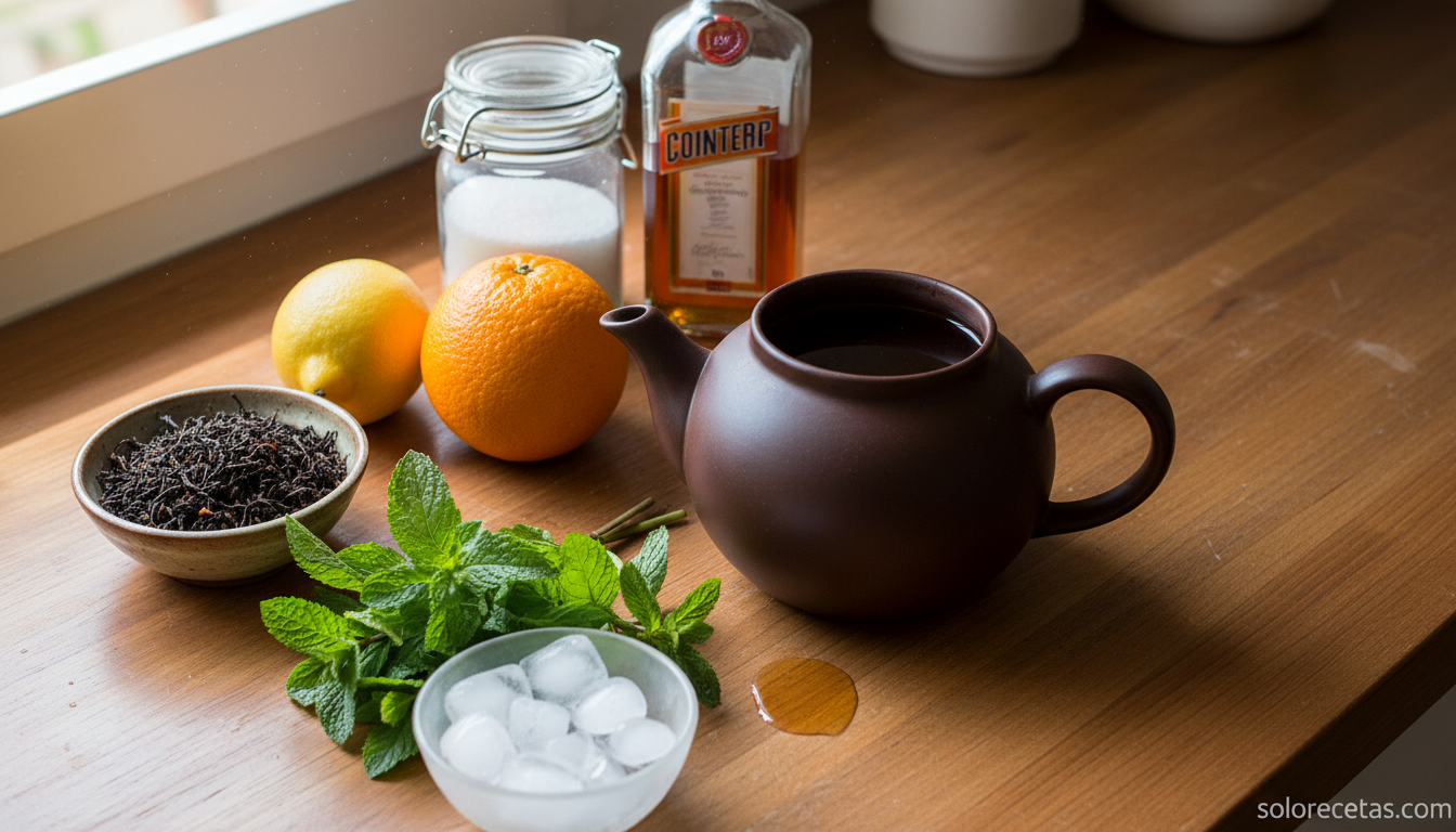 Ingredientes para el cóctel de té con té negro limón naranja menta y Cointreau