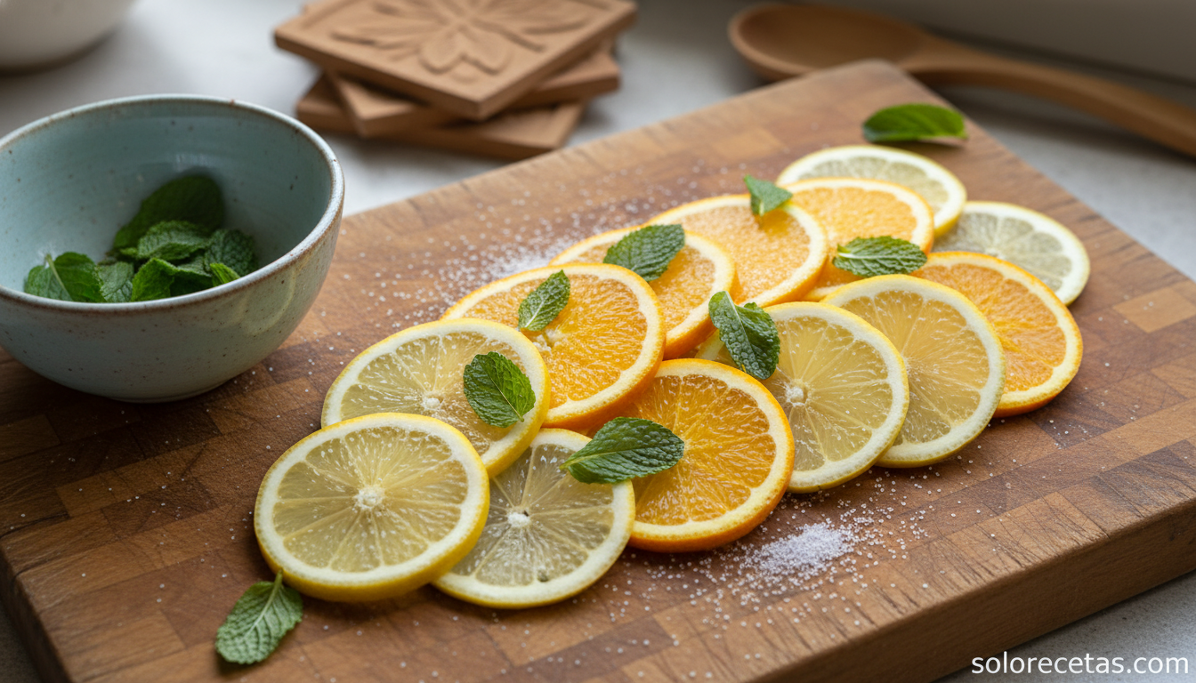 Rodajas de limón naranja y hojas de menta maceradas con azúcar sobre tabla de madera