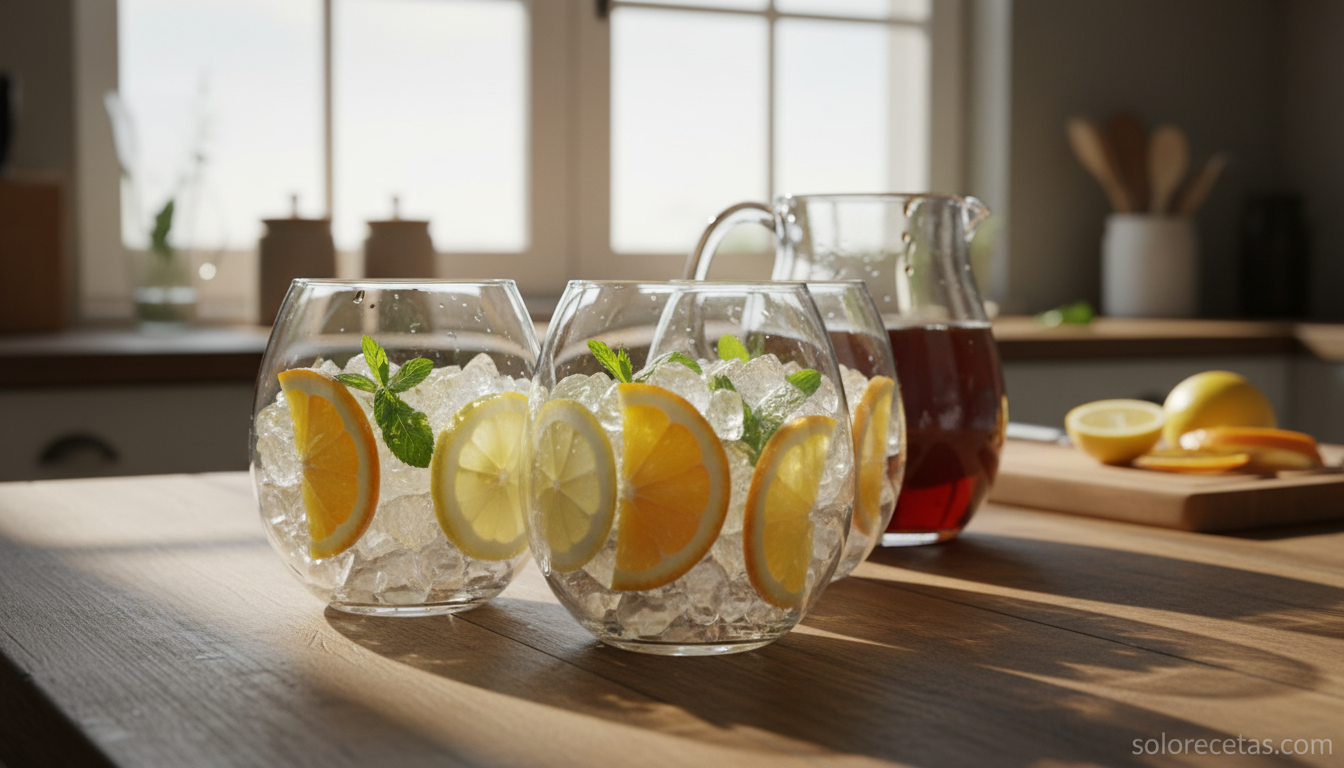 Copas de balón montadas con hielo rodajas de cítricos y menta listas para recibir el té frío