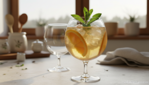 Cóctel de té con naranja limón y menta servido en copa de balón