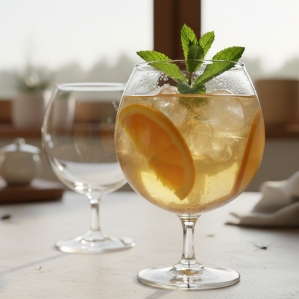 Cóctel de té con naranja limón y menta servido en copa de balón