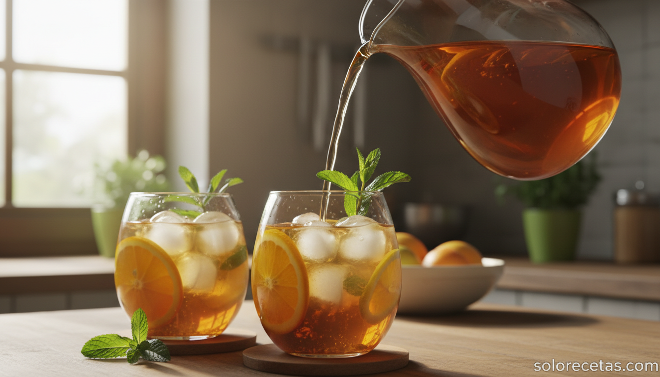 Sirviendo el té frío sobre la copa de cóctel con hielo cítricos y menta