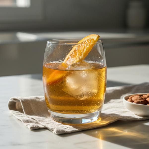 Cóctel de jerez con naranja servido en copa fría con rodaja de naranja