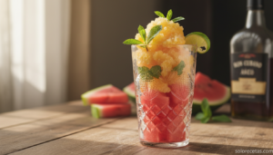 Cóctel de sandía con granizado de batida tropical servido en vaso old fashioned con menta y lima