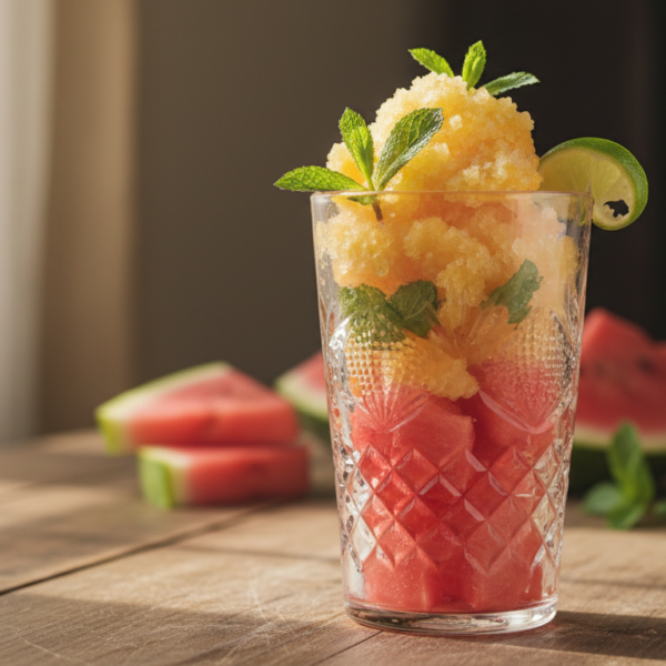 Cóctel de sandía con granizado de batida tropical servido en vaso old fashioned con menta y lima