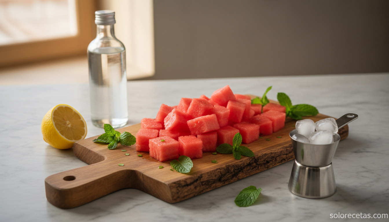 Ingredientes para preparar coctel de sandia con menta y vodka