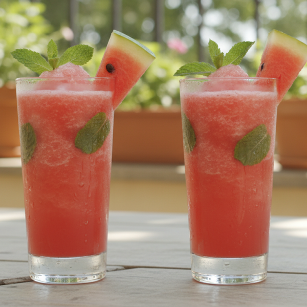 Coctel de sandia con menta y vodka en copa alta con rodaja de sandia