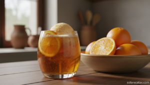 Cóctel de sidra con naranja servido en copa con helado de sorbete y rodaja de naranja