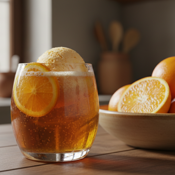 Cóctel de sidra con naranja servido en copa con helado de sorbete y rodaja de naranja