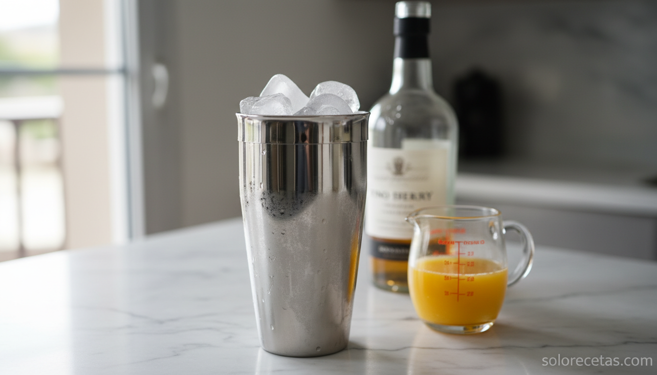 Coctelera con hielo y jerez para preparar cóctel de jerez con naranja