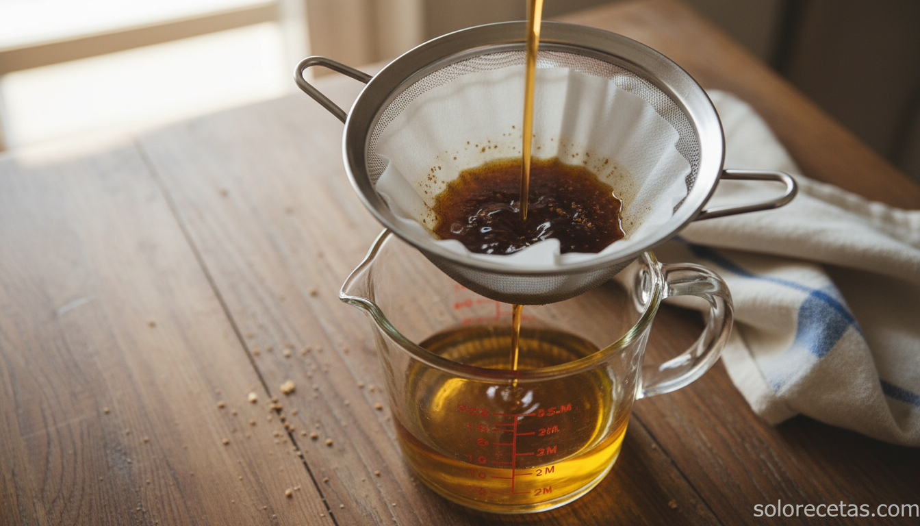 Colar el aceite oscuro con filtro de papel para eliminar restos de fritura