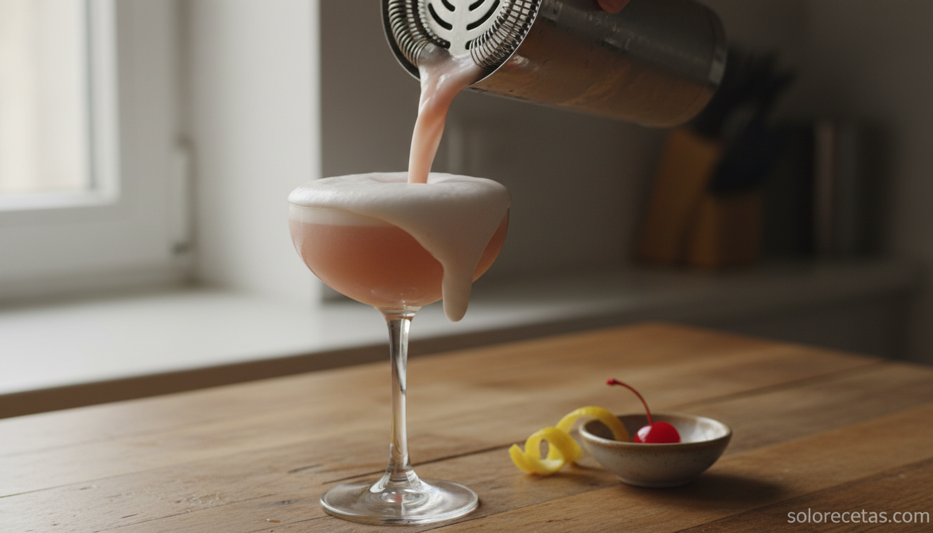 Pink Lady colado desde la coctelera a la copa con su espuma blanca característica