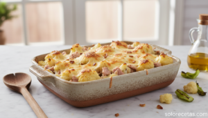 Coliflor gratinada con atún y queso manchego al horno en fuente rústica