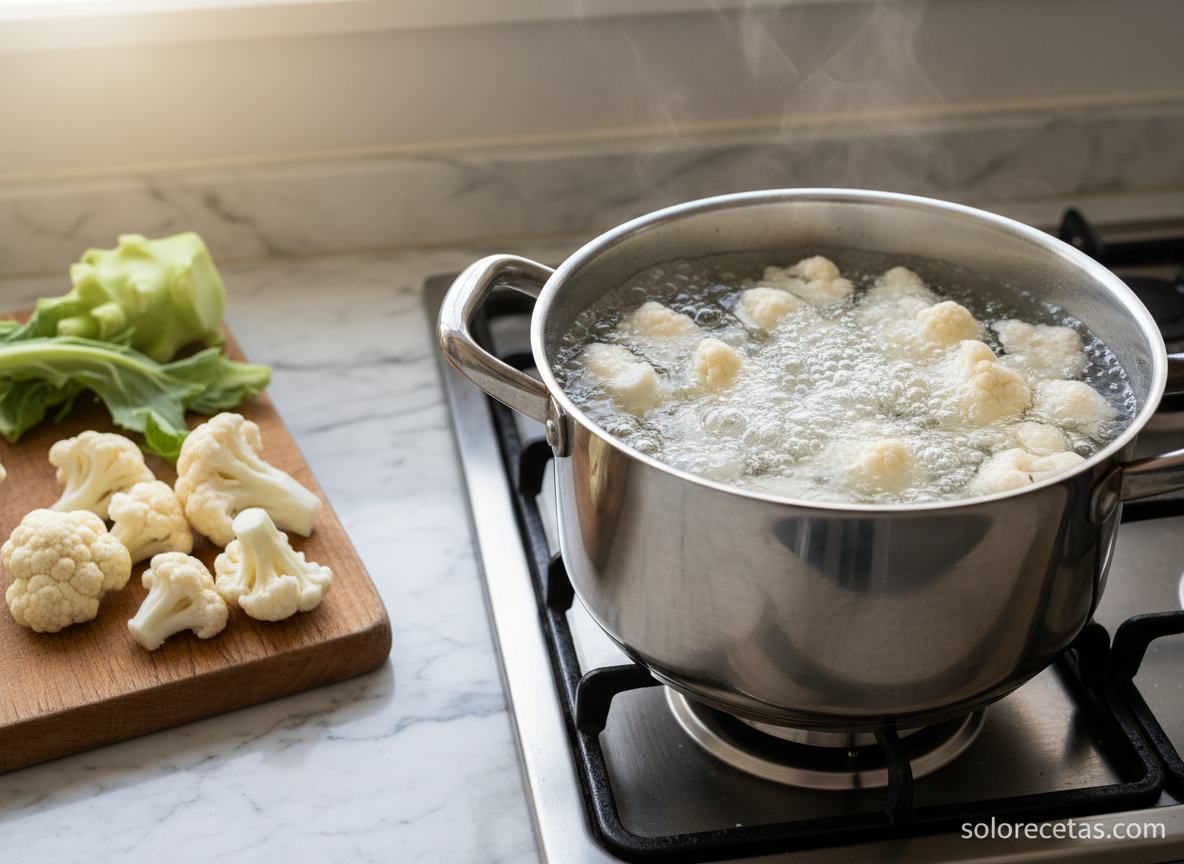 Ramilletes de coliflor cociendo en olla con agua hirviendo