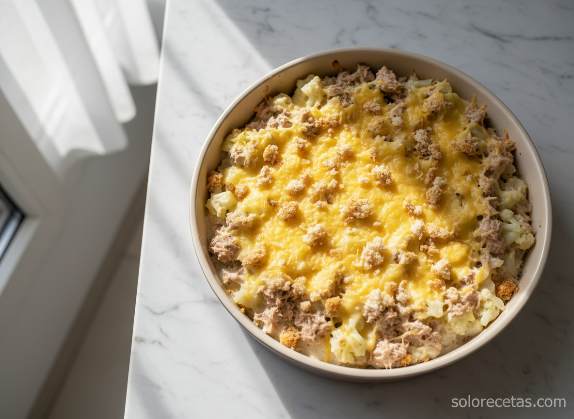 Coliflor con atún cubierta de queso manchego rallado lista para gratinar