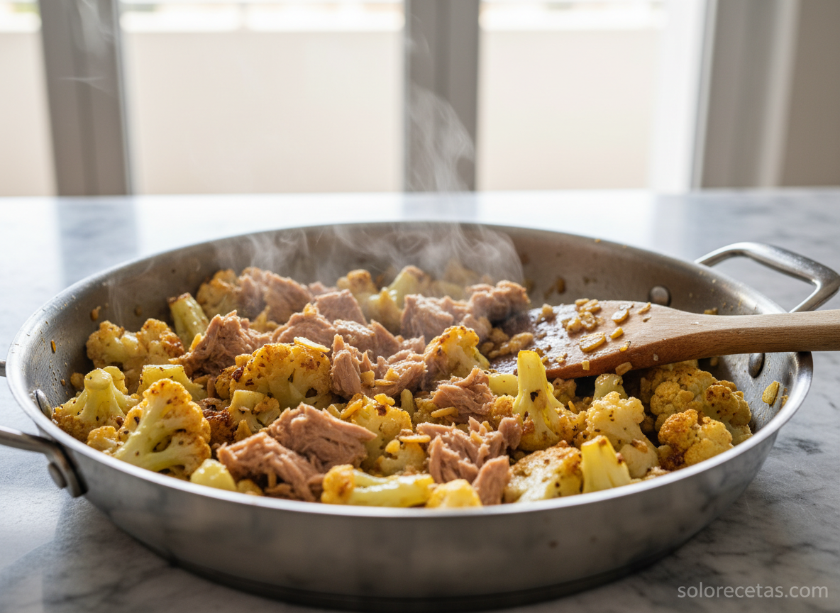 Coliflor salteada con ajo y atún en sartén