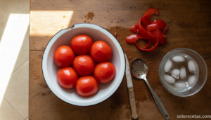 Tomates pelados y enteros en un cuenco blanco tras el escaldado