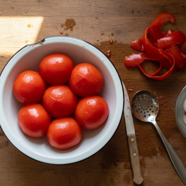 Tomates pelados y enteros en un cuenco blanco tras el escaldado