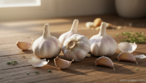 Cabezas de ajo frescas sobre encimera de madera para conservar correctamente