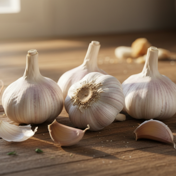 Cabezas de ajo frescas sobre encimera de madera para conservar correctamente