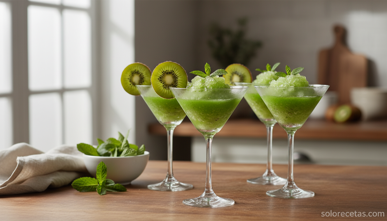 Cuatro copas con cóctel de brandy y kiwi servido y decorado con kiwi y menta