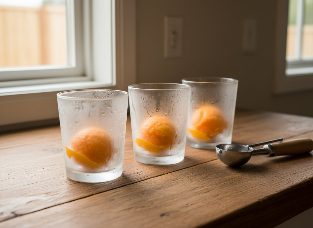 Cóctel de sidra con naranja: receta refrescante con helado 4 Copas escarchadas con bolas de helado de sorbete de naranja listas para servir