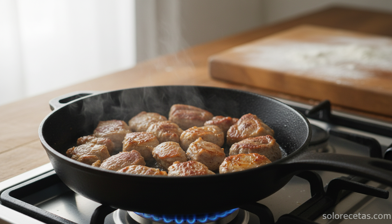 Tacos de cordero enharinados sellandose en sarten a fuego fuerte