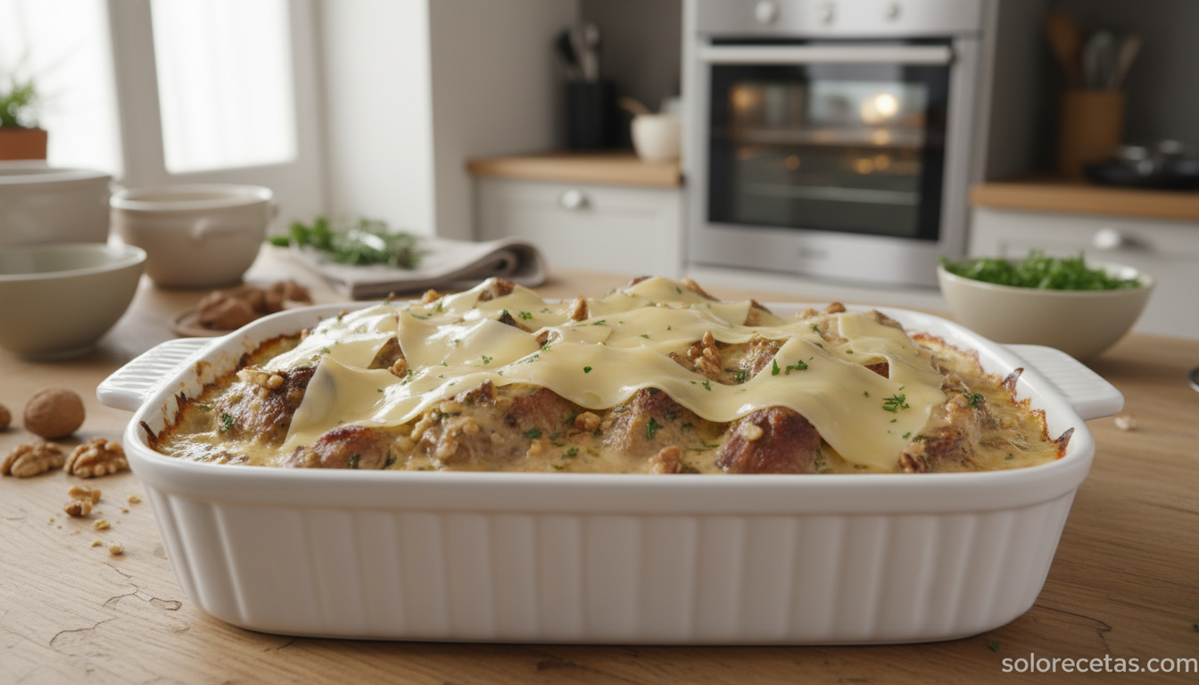 Fuente de horno con cordero cubierto de salsa y lonchas de queso manchego antes de hornear
