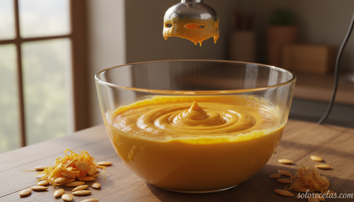 Crema de calabaza recién batida en bol antes de servir